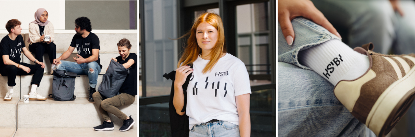 Collage aus drei Fotos mit Artikeln des HSBI-Shop