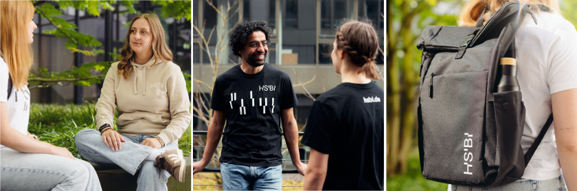 Collage aus drei Fotos mit Artikeln des HSBI-Shop