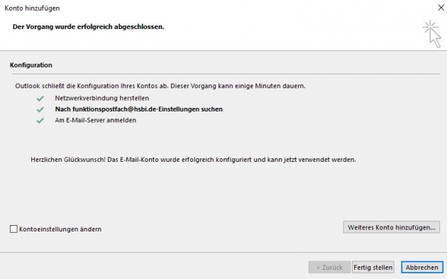 Outlook: Funktionspostfach erfolgreich eingerichtet