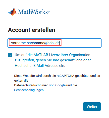 Mathworks Account erstellen