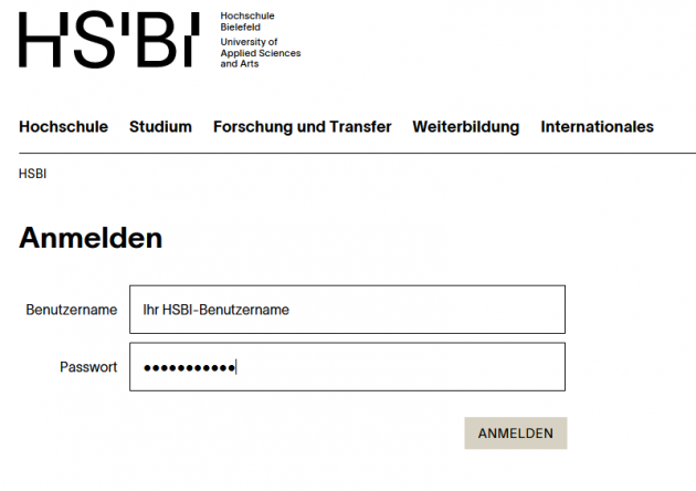 Logindaten im Login-Bereich der Hochschule angeben.