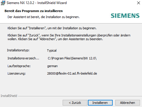 Siemens NX Installationsübersicht