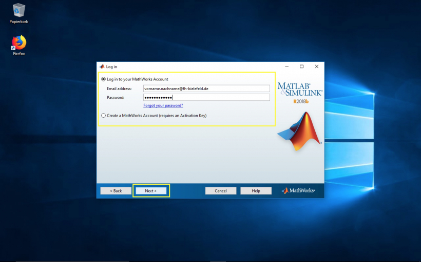 MathWorks Kontodaten angeben