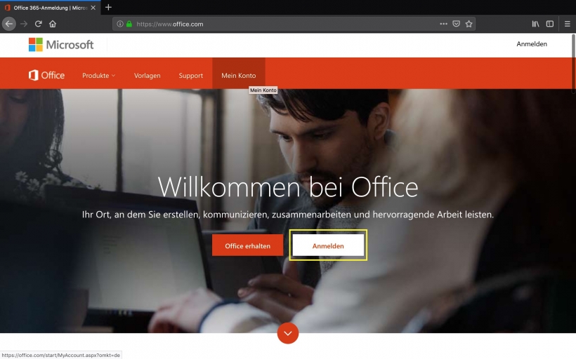 Anmeldung auf der Microsoft Office Webseite.