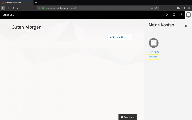 Abmelden von der Microsoft Office Webseite.