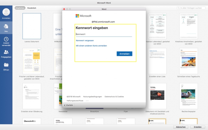 Anmeldung in Word: Kennwort eingeben. 