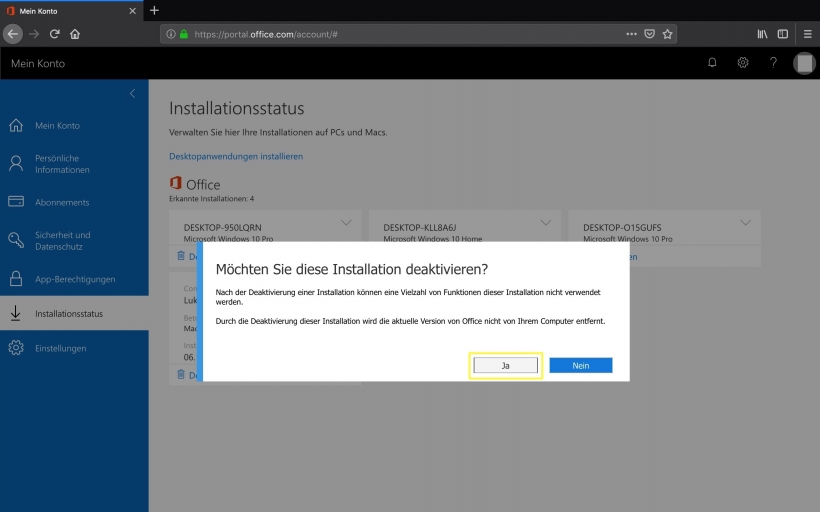 Nachfrage, ob die Installation wirklich deaktivieren werden soll.