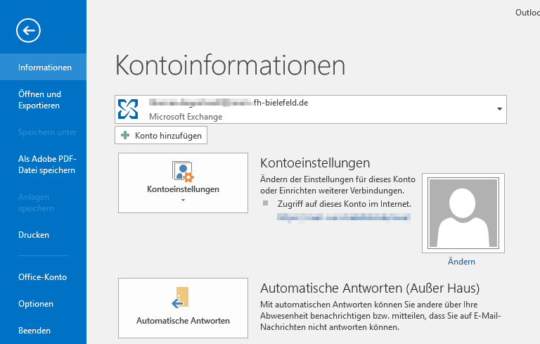 Kontoinformationen im Outlook Menü. Auswahl von Automatische Antworten