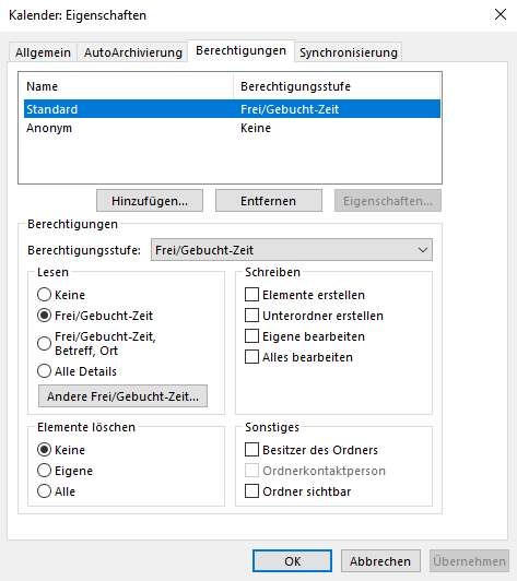 Kalender: Eigenschaften, Auswahl von Berechtigungen