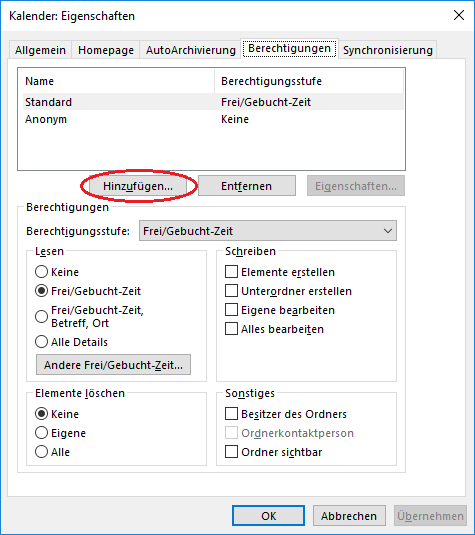 Hauptkalender: Berechtigung hinzufügen