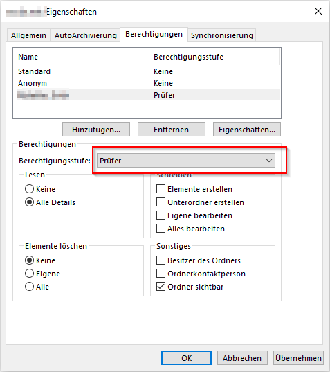 Berechtigungsstufe festlegen