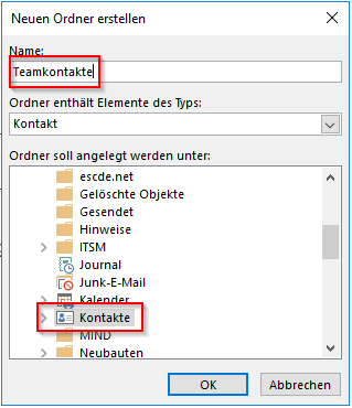 Benennung des Kontaktordners und Erstellung unterhalb Kontakte