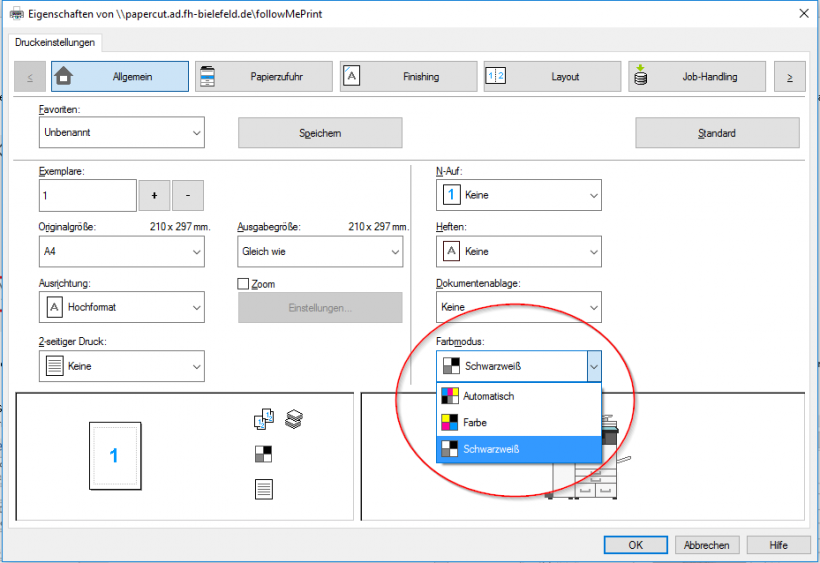 Drucker: Farbe oder SW wählen
