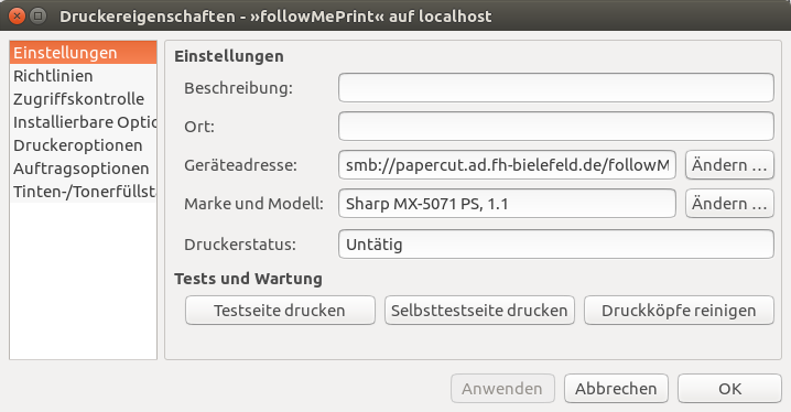 Papercut Linux: Lokale Druckereingenschaften