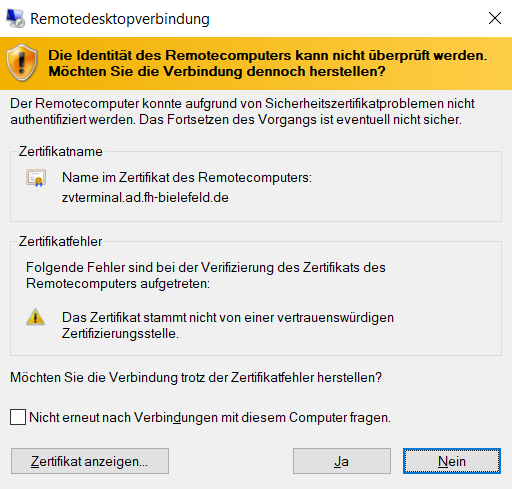 Terminserver: Zertifikat akzeptieren