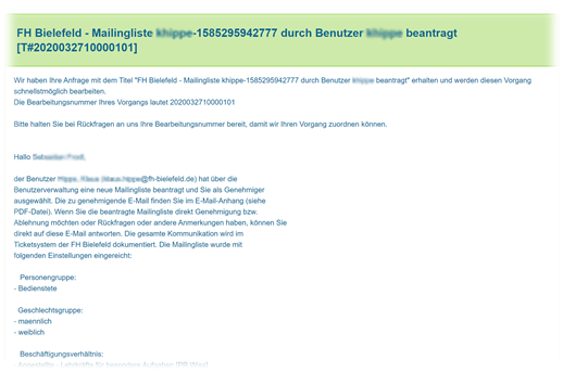 Bestätigungsmail aus dem Ticketsystem mit Ticketnummer für Rückfragen