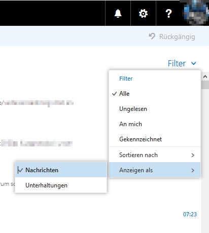 Webmail: Anzeigen als Nachrichten oder Unterhaltungen