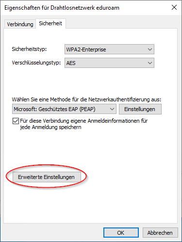 Anzeige erweiterte Einstellungen zum Drahtlosnetzwerk Eduroam