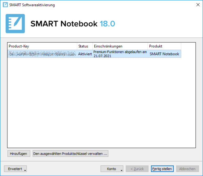 Smart Notebook: Produktschlüssel einsehen
