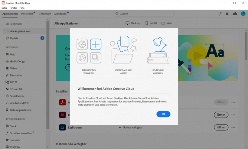 Adobe CC: Startseite Client