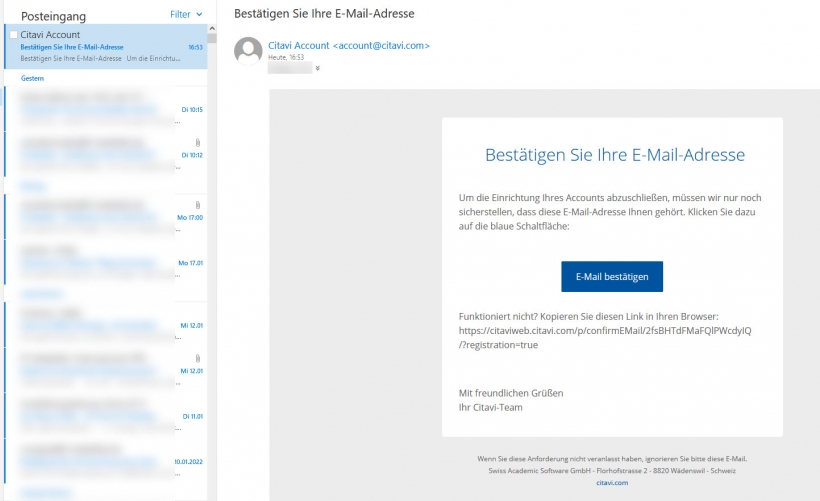 Citavi: E-Mail zur Registrierung