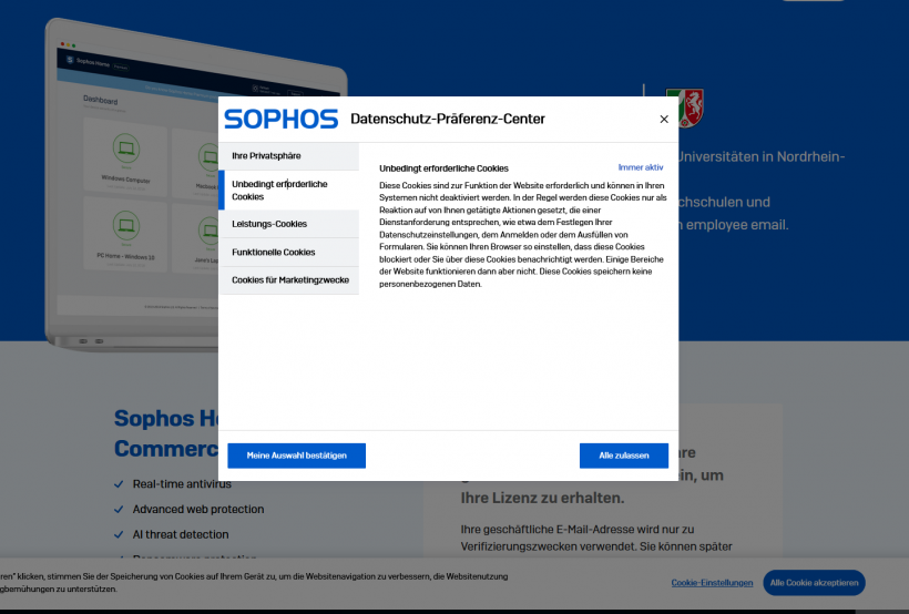 Sophos-Webseite Cookie-Einstellungen anpassen