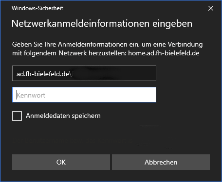 Eine Anmeldemaske wo der Benutzername und das Passwort eingegeben werden muss. Vor dem Benutzernamen steht ad.fh-bielefeld.de\