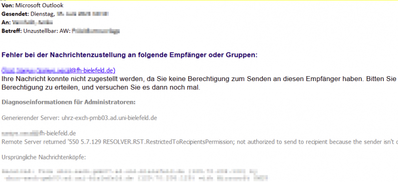 Fehlermeldung beim Versandt einer E-Mail an einen gesperrten oder ungültigen Empfänger