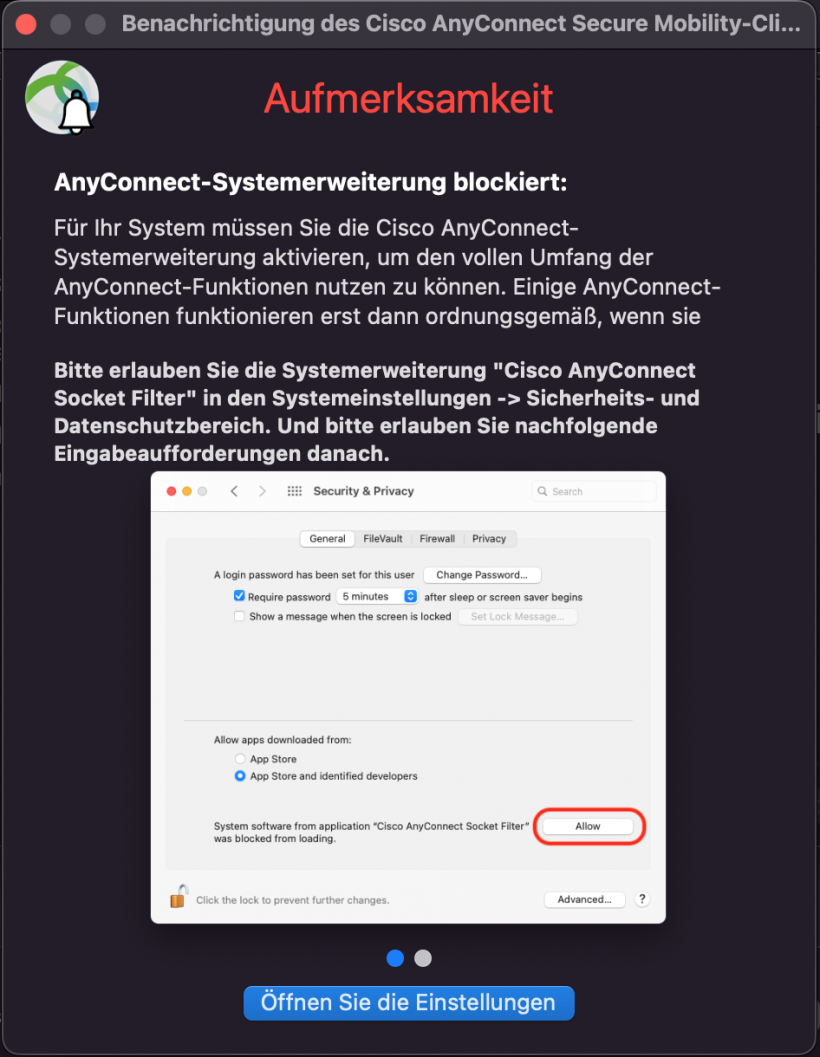 Fehlermeldung Anyconnect Systemerweiterung