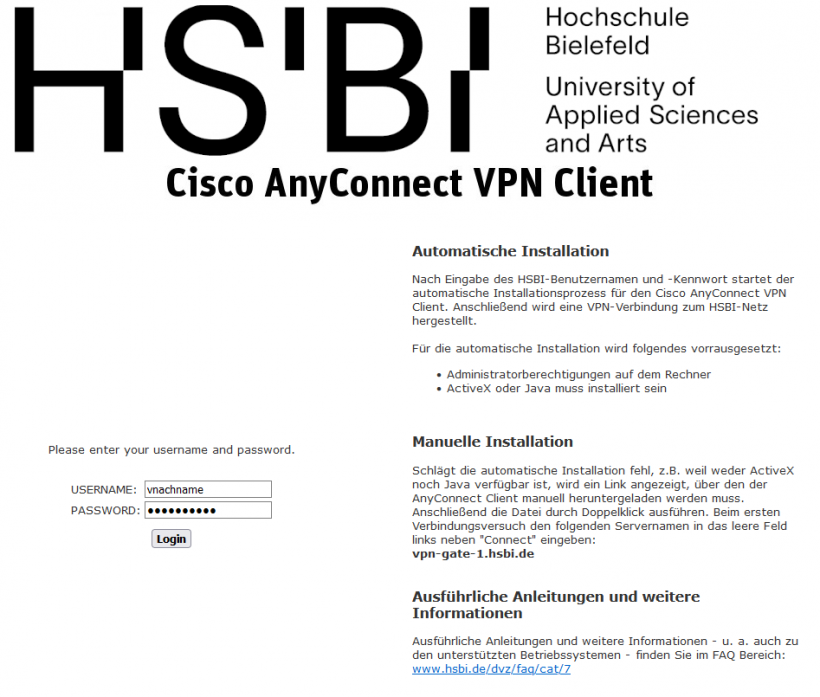 Loginseite VPN Gate zur Installation von AnyConnect