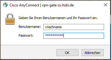 Eingabe des Benutzernamens und Passwortes in die dafür vorgesehenen Felder des VPN Clients