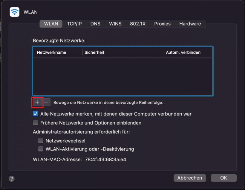 Anzeige Drahtlosnetzwerkeinstellungen