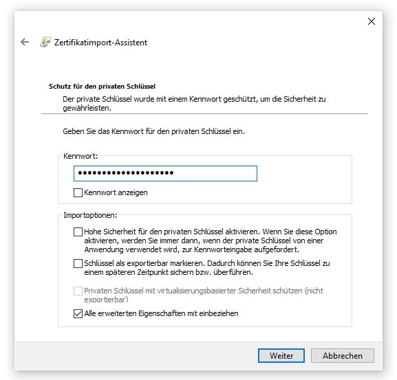 Eingabe des Zertfikat-Passworts