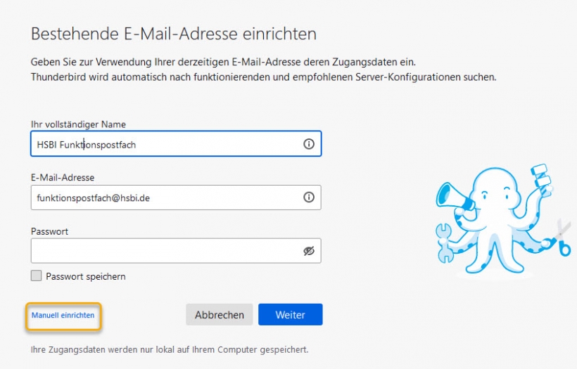 Thunderbird: am Funktionspostfach anmelden