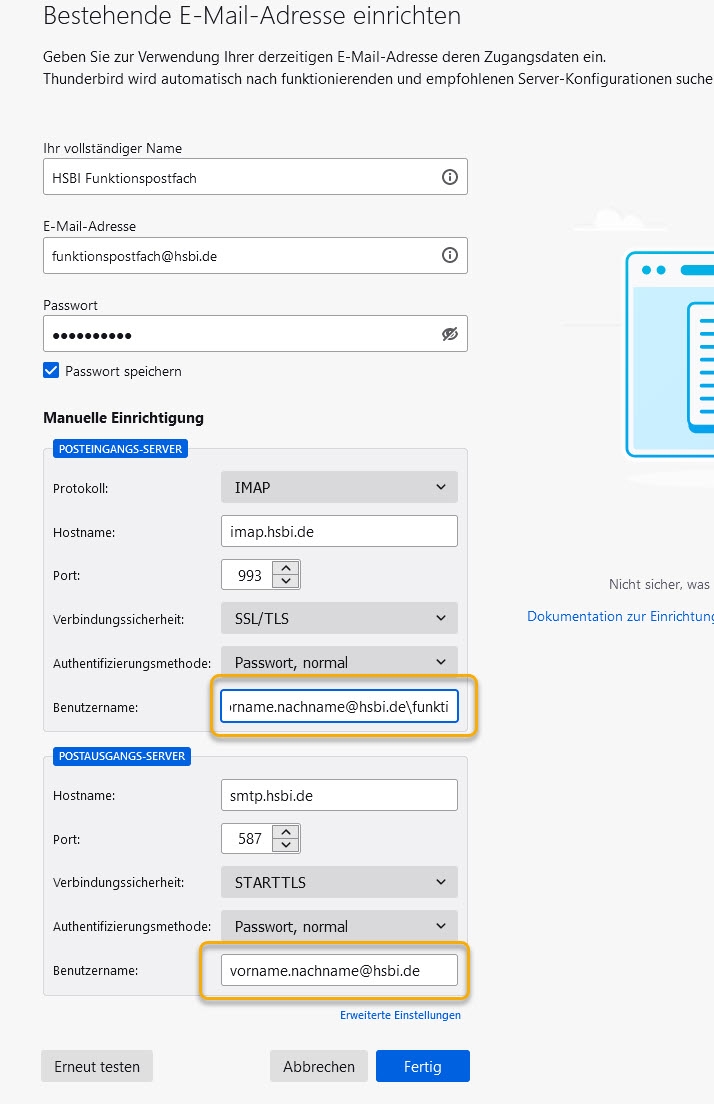 Thunderbird: ANmeldung am Funktionspostfach ändern