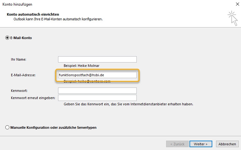 Outlook: E-Mail-Adresse des Funktionsportfachs eingeben