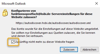 Fenster mit Abfrage für automatische Konfiguration des Postfaches