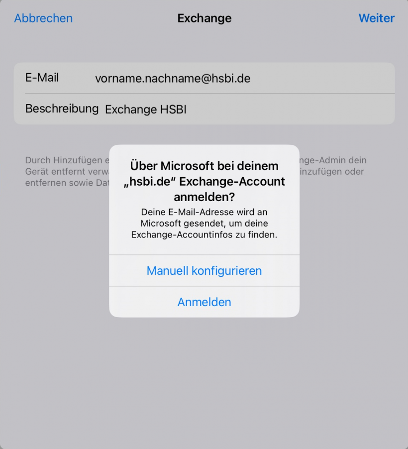 Hinweis Über Microsoft bei Exchange anmelden bestätigen