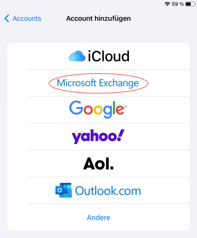 Microsoft Exchange auswählen