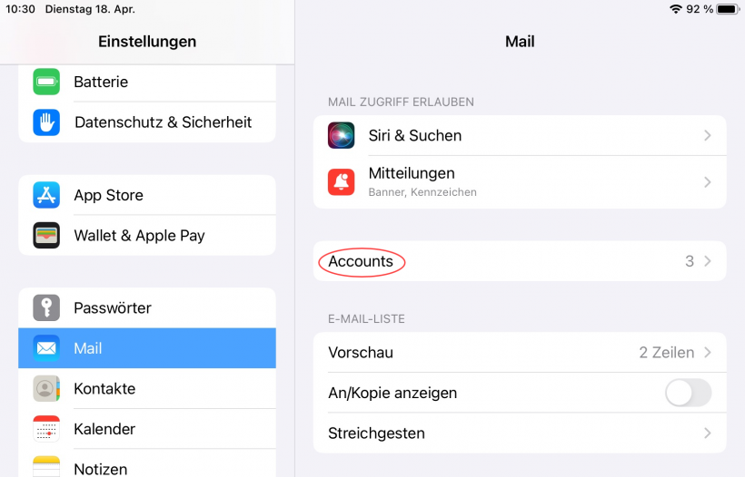 Mail und Accounts auswählen