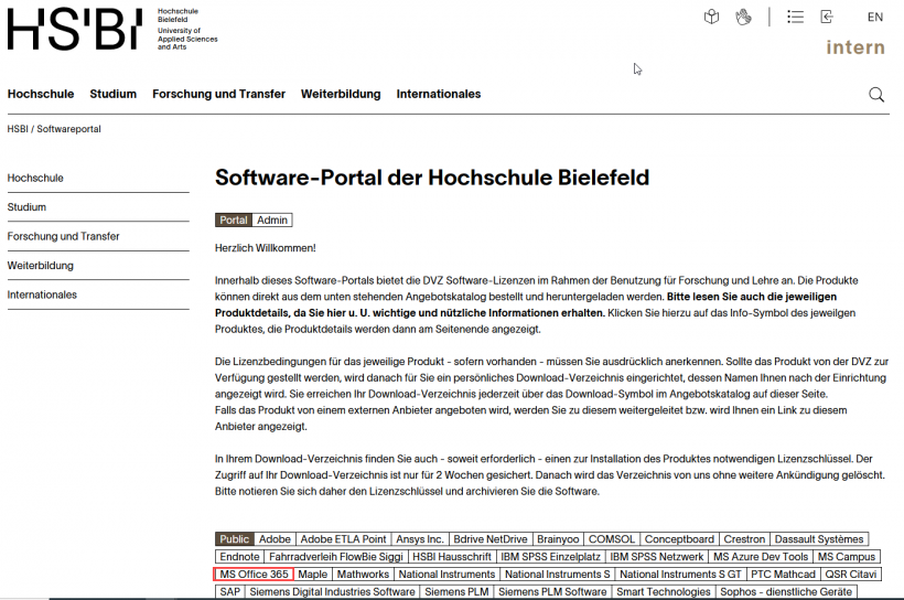 Microsoft Office 365 ProPlus im Softwareportal der Hochschule Bielefeld auswählen.