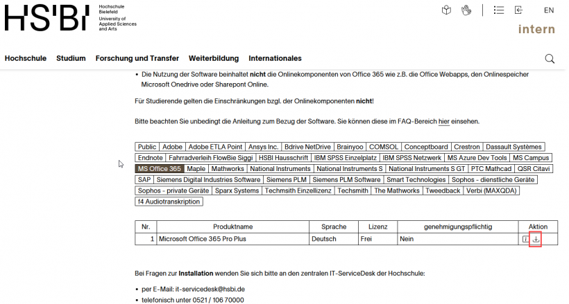 Download von Microsoft Office 365 ProPlus im Softwareportal der Hochschule Bielefeld auswählen.