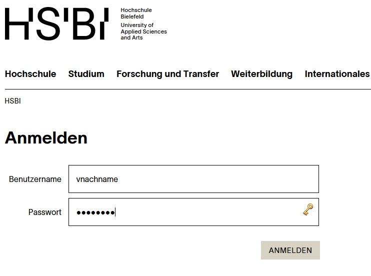 Login-Bereich der Hochschule Bielefeld