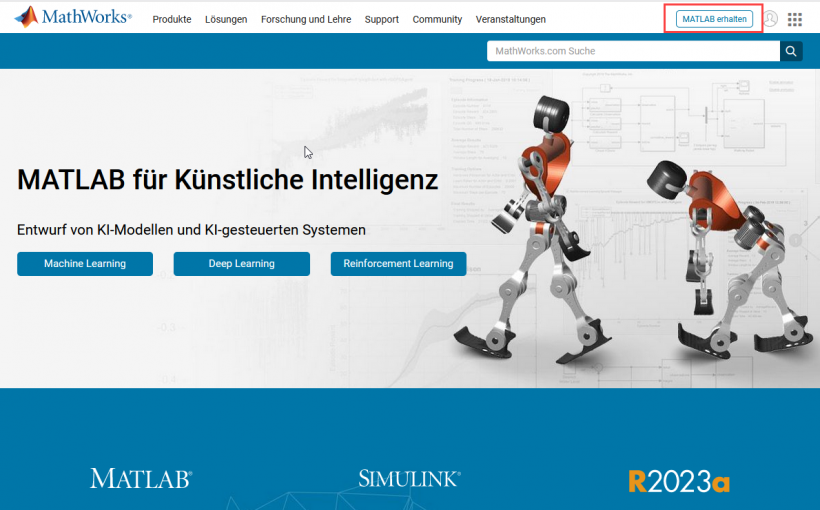 Auf der Webseite der Firma Mathworks anmelden.