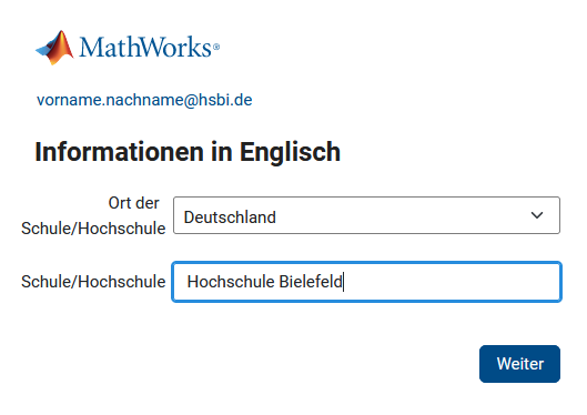 Online Services Agreement von Mathworks bestätigen und Account erstellen.