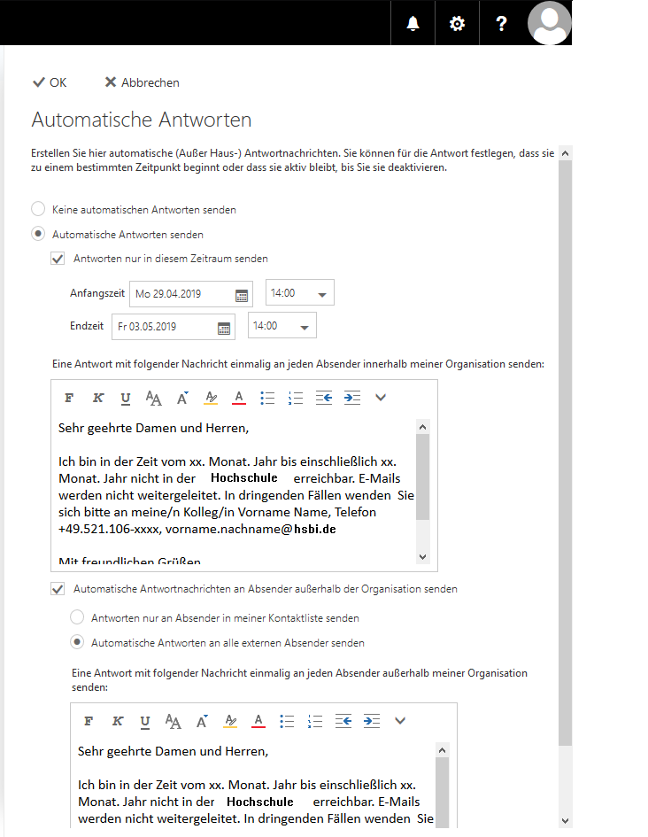 Menü für Automatische antworten mit Textfeldern für interne und externe Nachrichten