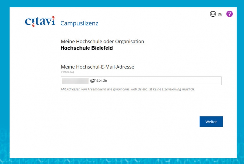 Citavi: E-Mail-Adresse der Hochschule angeben