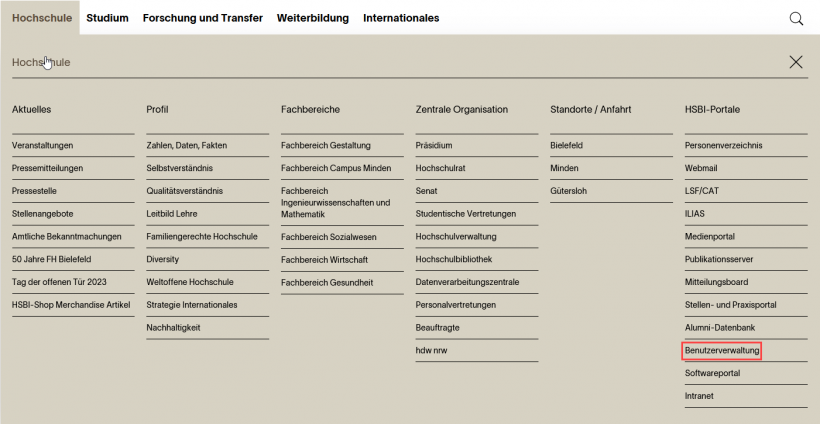 Auswahl der Benutzerverwaltung über Hochschule > Benutzerverwaltung