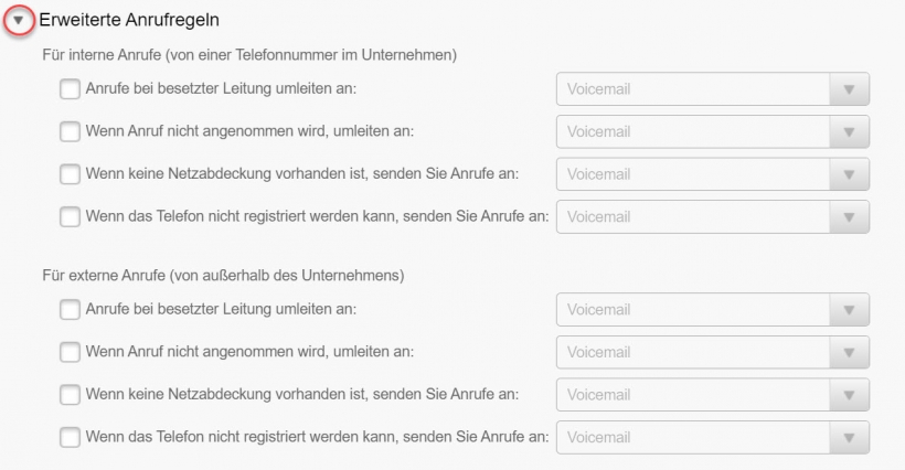 Screenshot: Auswahlfeld für die Rufumleitungen, hier erweiteret Anrufregeln