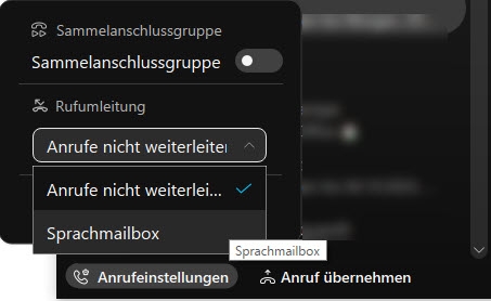 Screenshot: Anrufeinstellungen im Webex Client, Auswahl der Sprachmailbox